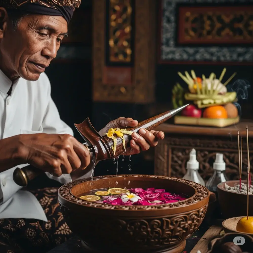 Adegan upacara Jamasan Pusaka, seorang tetua dengan khidmat membersihkan keris tradisional, melambangkan pemurnian dan penghormatan warisan.