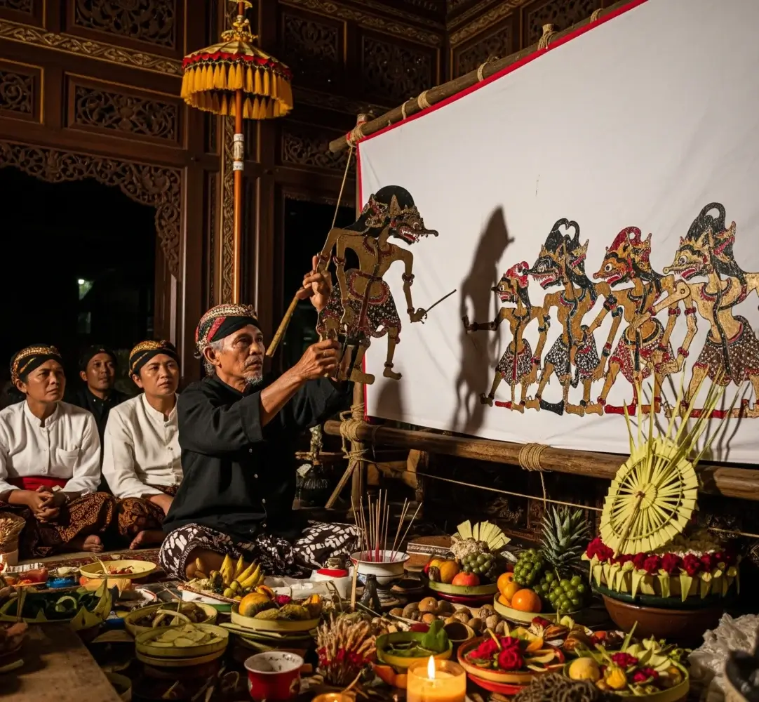 Adegan upacara Ruwatan tradisional dengan dalang sedang memainkan wayang kulit Bathara Kala, dikelilingi sesaji dan peserta yang khusyuk.