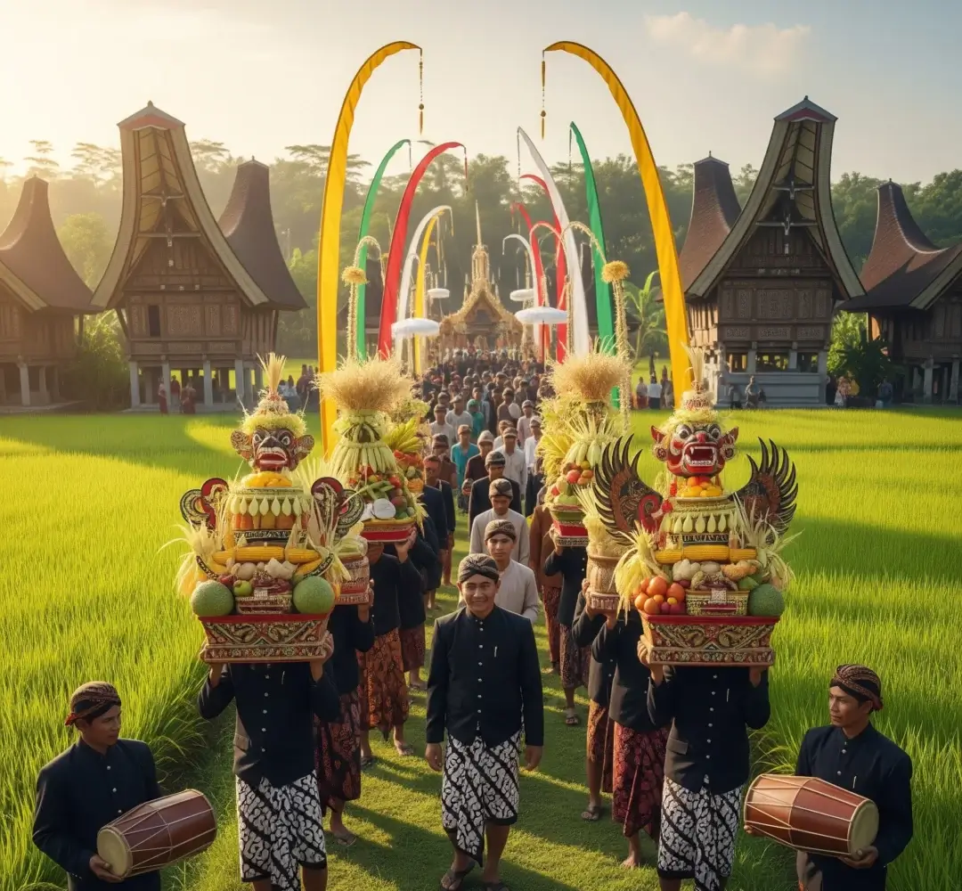 Arak-arakan sesaji dalam upacara Bersih Desa di sebuah desa tradisional Jawa, melambangkan syukur atas panen dan semangat kebersamaan.