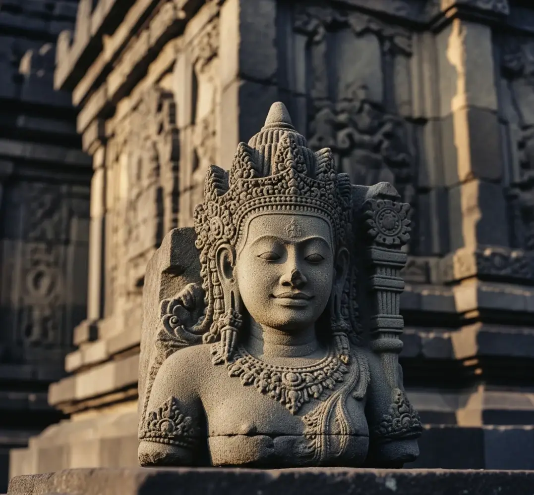Arca batu Roro Jonggrang (Durga) yang tragis dan indah, menyatu dengan arsitektur Candi Prambanan, melambangkan konsekuensi dari tipu daya.