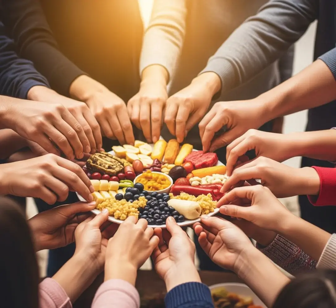 Beberapa tangan berbagi makanan dari satu piring, melambangkan semangat kebersamaan dan gotong royong dalam komunitas.