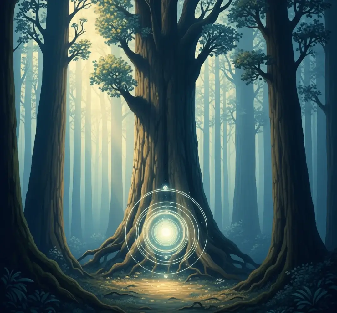 Gambar simbolis yang menggabungkan elemen alam dan spiritual, merepresentasikan keseimbangan dan kebijaksanaan.