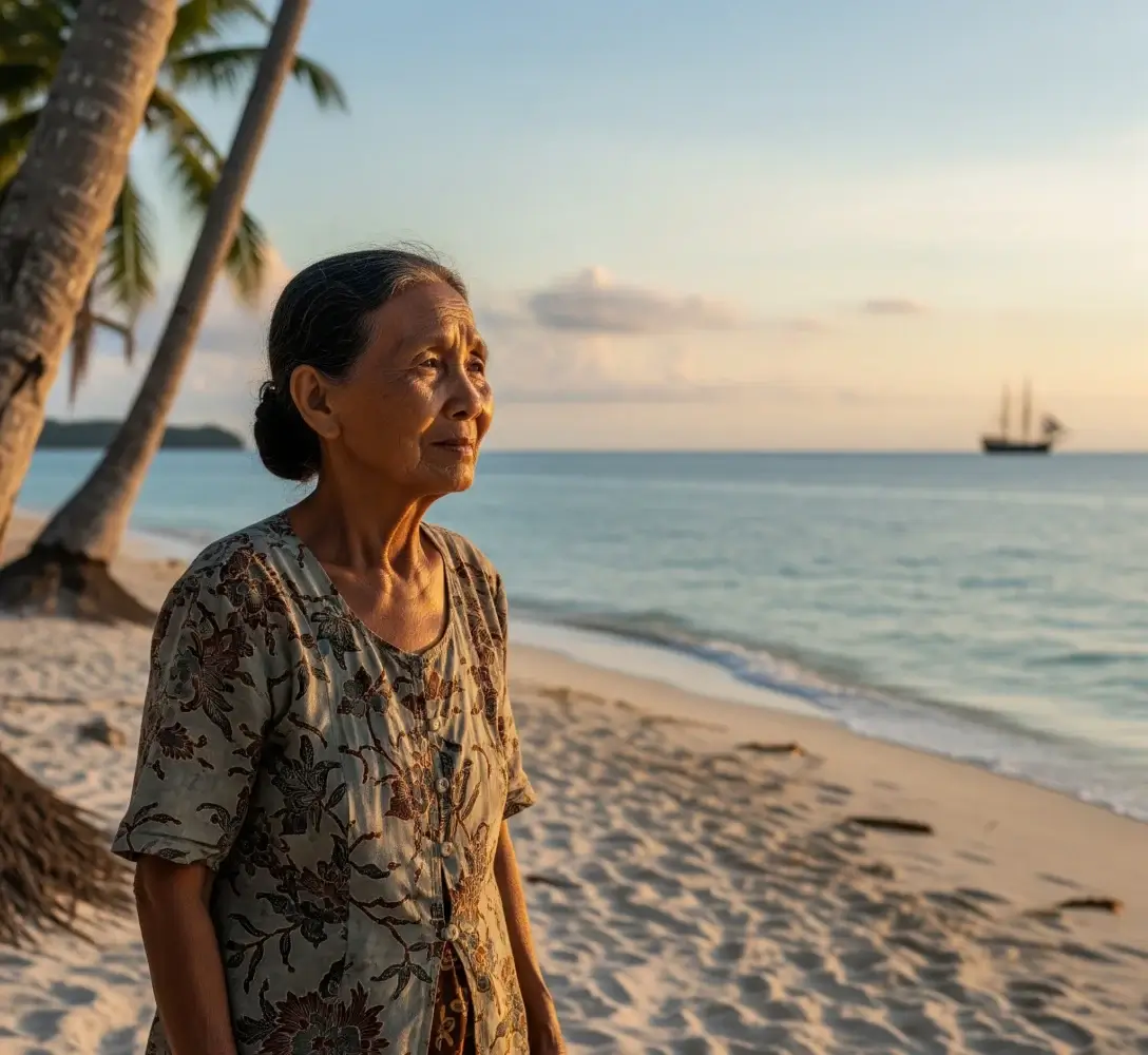 Ibu Malin yang tua dan sedih berdiri di pantai, menatap ke laut dengan penuh kerinduan.