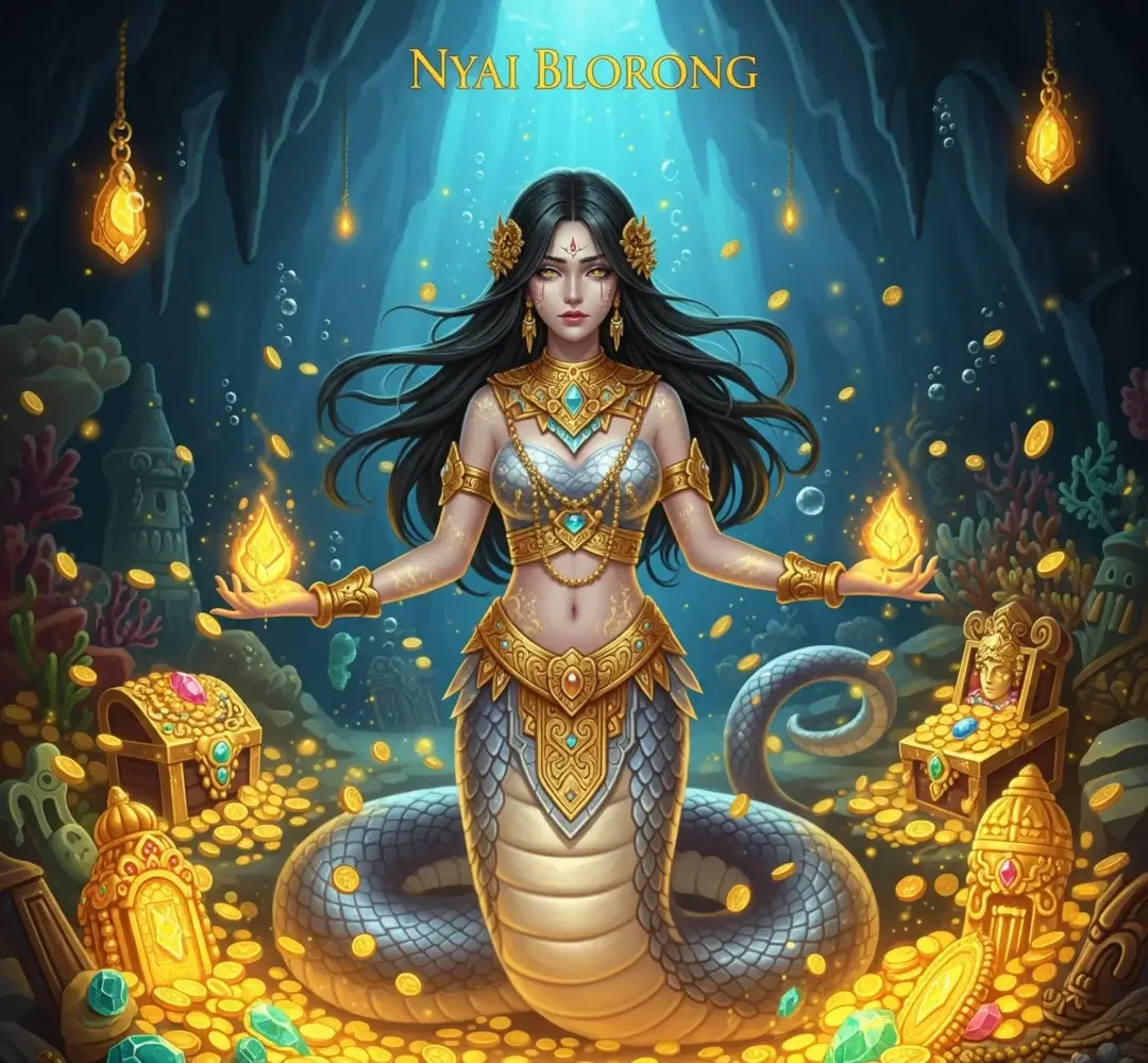 Ilustrasi Nyai Blorong yang memukau, setengah wanita setengah ular, dikelilingi tumpukan emas dan permata, melambangkan kekayaan gaib.