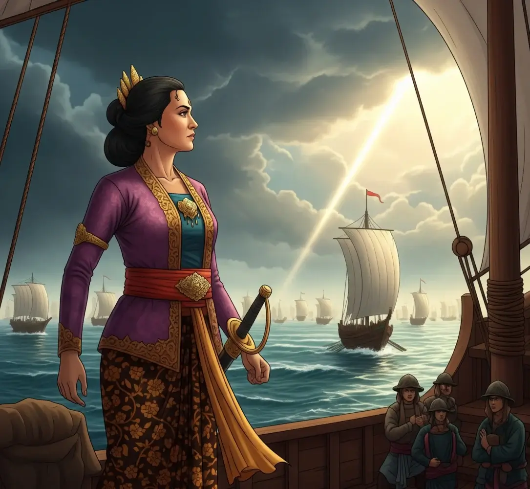 Ilustrasi Ratu Kalinyamat berdiri kokoh di dek kapal perang, memimpin armada maritimnya dengan tekad kuat, melambangkan kepemimpinan dan kekuatan Jepara