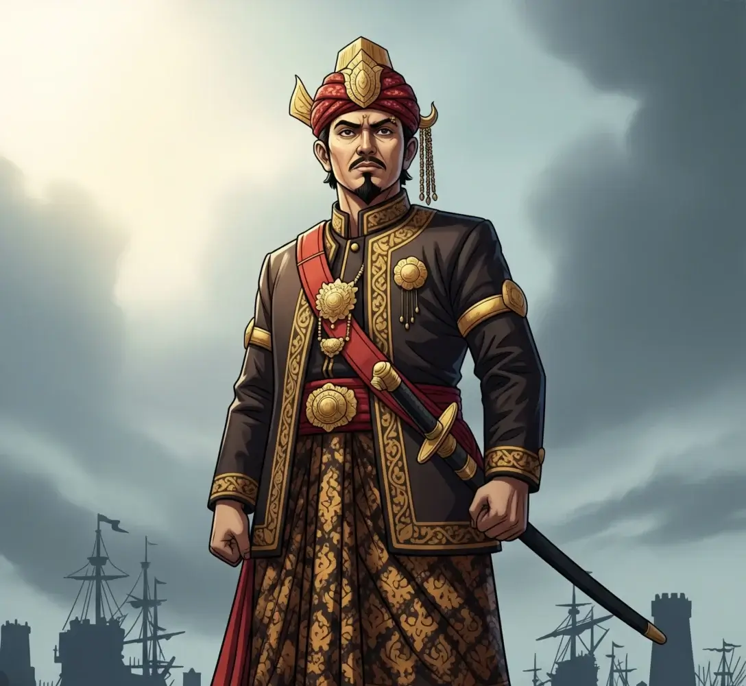 Ilustrasi Sultan Agung berdiri teguh, melambangkan perlawanan terhadap ancaman kolonial VOC.