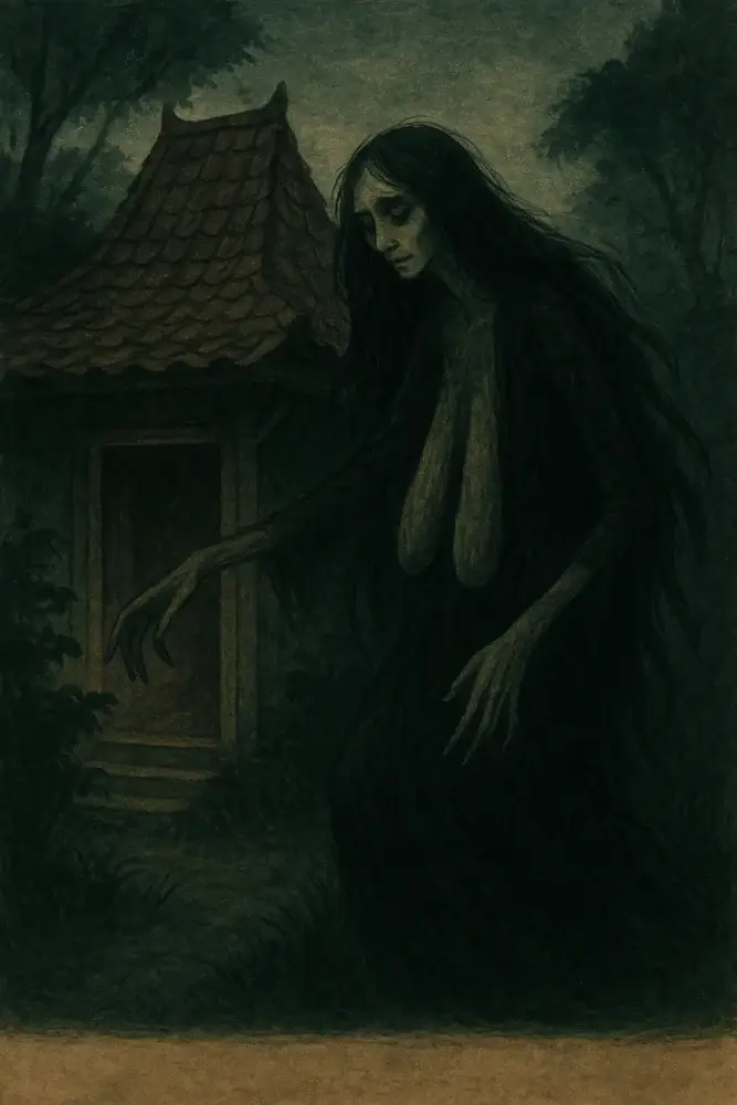 Ilustrasi Wewe Gombel, sosok wanita misterius dengan rambut panjang, muncul dari bayangan, memancarkan aura kerinduan dan perlindungan.