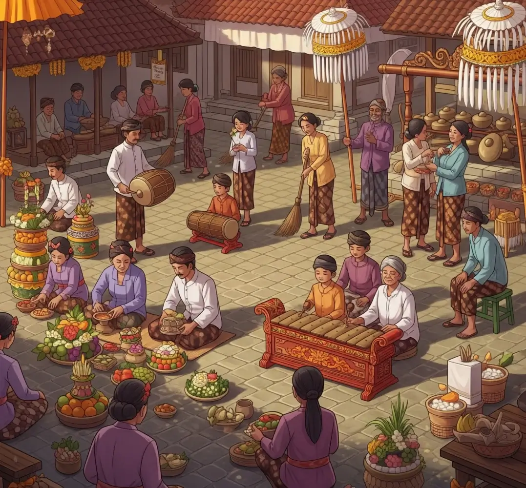 Ilustrasi masyarakat melakukan Merti Dusun dengan gotong royong.