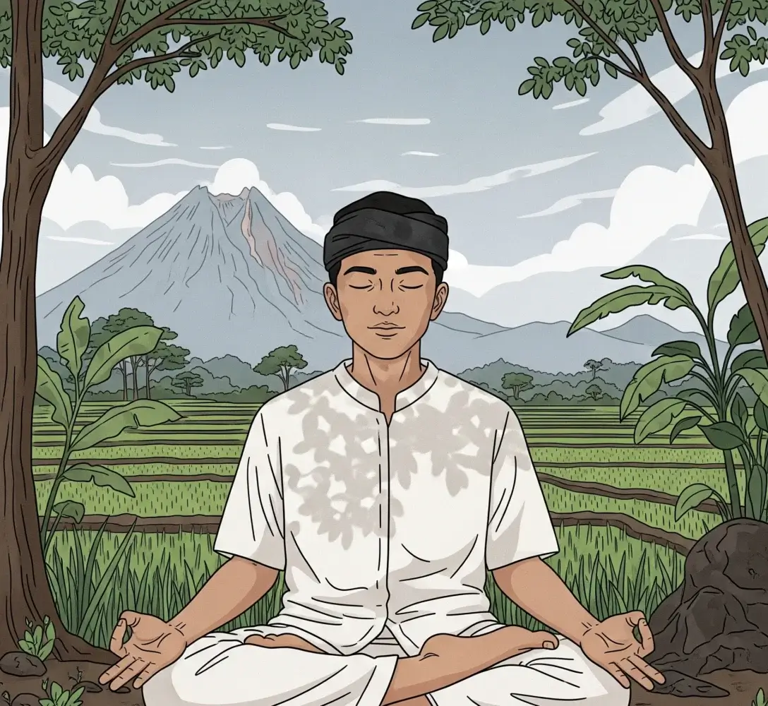Ilustrasi seseorang sedang bermeditasi atau hidangan sederhana puasa mutih.