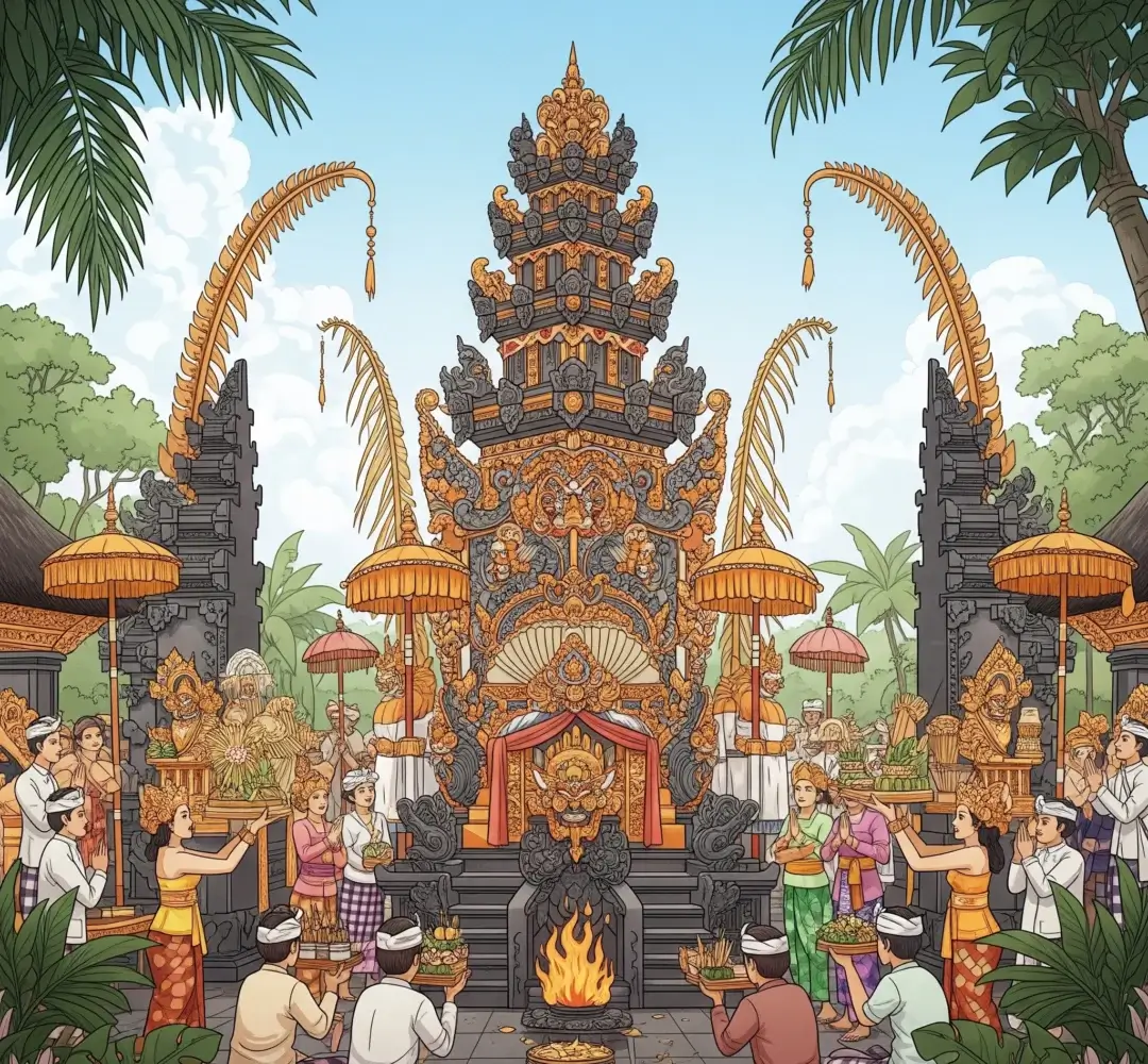 Ilustrasi upacara Ngaben di Bali dengan menara pembakaran