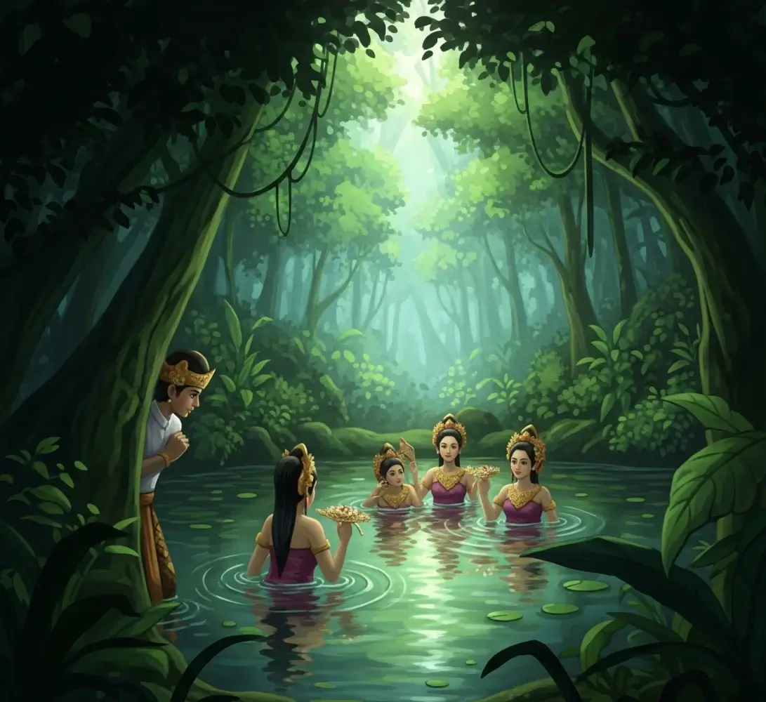 Jaka Tarub yang tersembunyi mengintip bidadari cantik mandi di telaga hutan yang berkilauan, menggambarkan awal mula godaan dalam legenda.