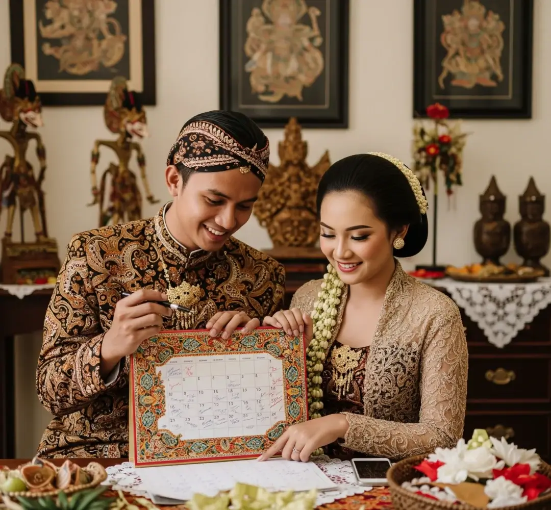 Pasangan muda yang sedang merencanakan pernikahan mereka dengan kalender.