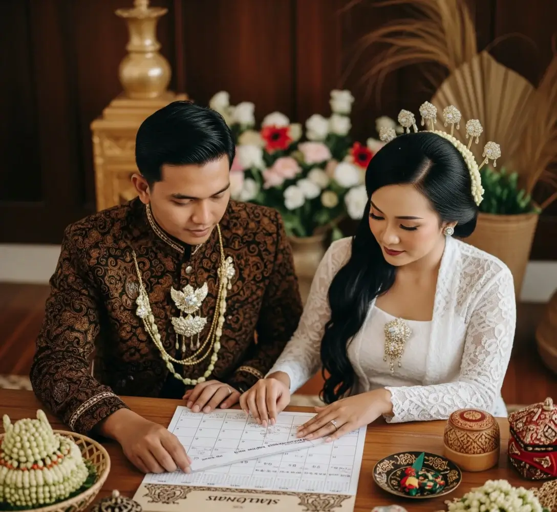 Pasangan muda yang sedang merencanakan pernikahan mereka dengan kalender.