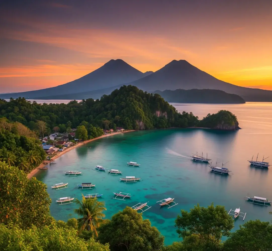 Pemandangan eksotis Kepulauan Maluku dengan gunung berapi Ternate dan Tidore di kejauhan, serta keindahan alam yang kaya akan rempah.