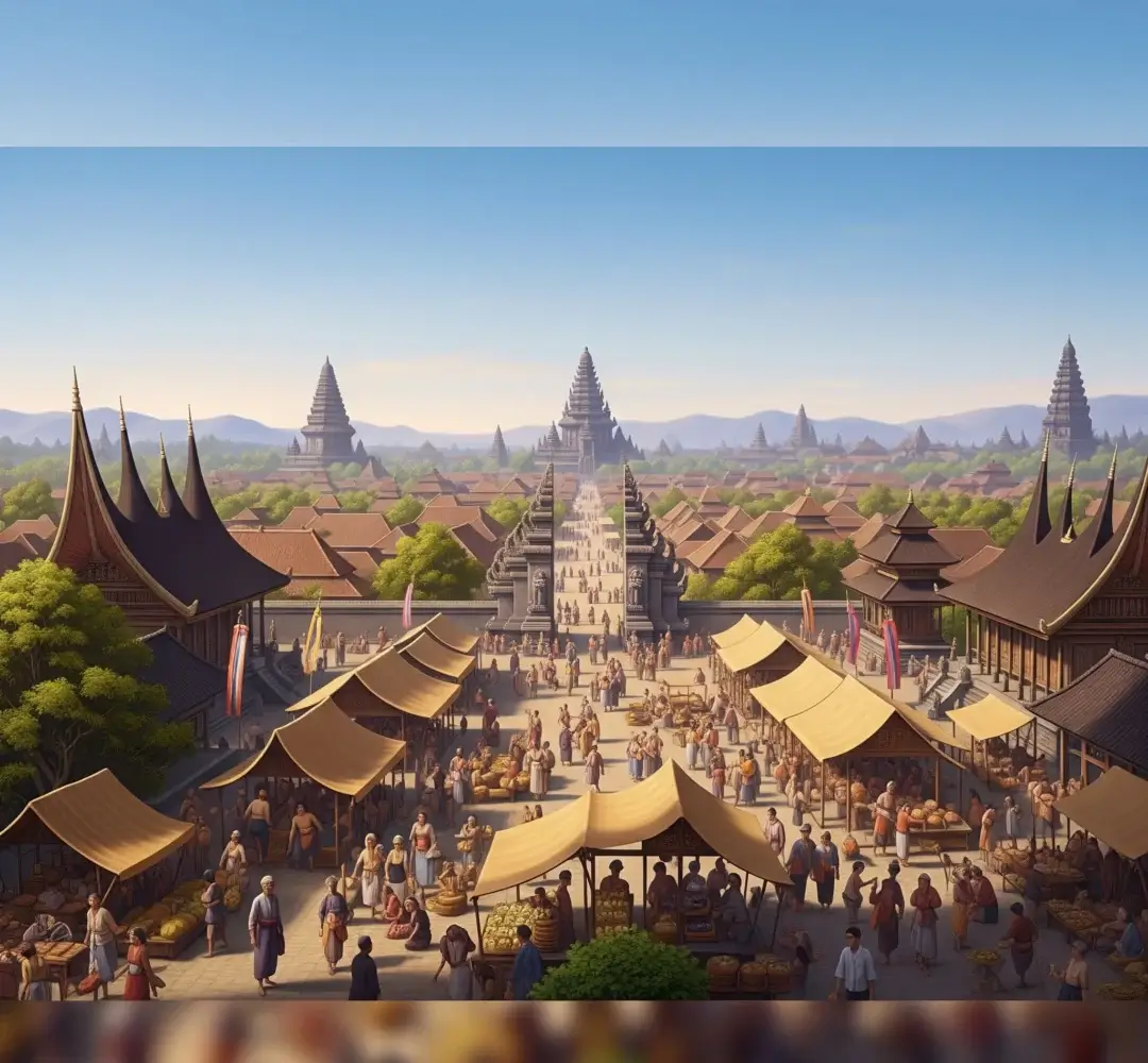 Pemandangan luas ibu kota Majapahit (Trowulan) di puncak kejayaannya, menunjukkan pasar ramai, candi megah, dan arsitektur tradisional.