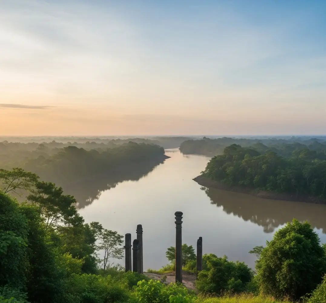 Pemandangan mistis Sungai Mahakam di Kalimantan Timur saat fajar, dengan siluet samar prasasti Yupa, melambangkan kerajaan Kutai Martadipura.