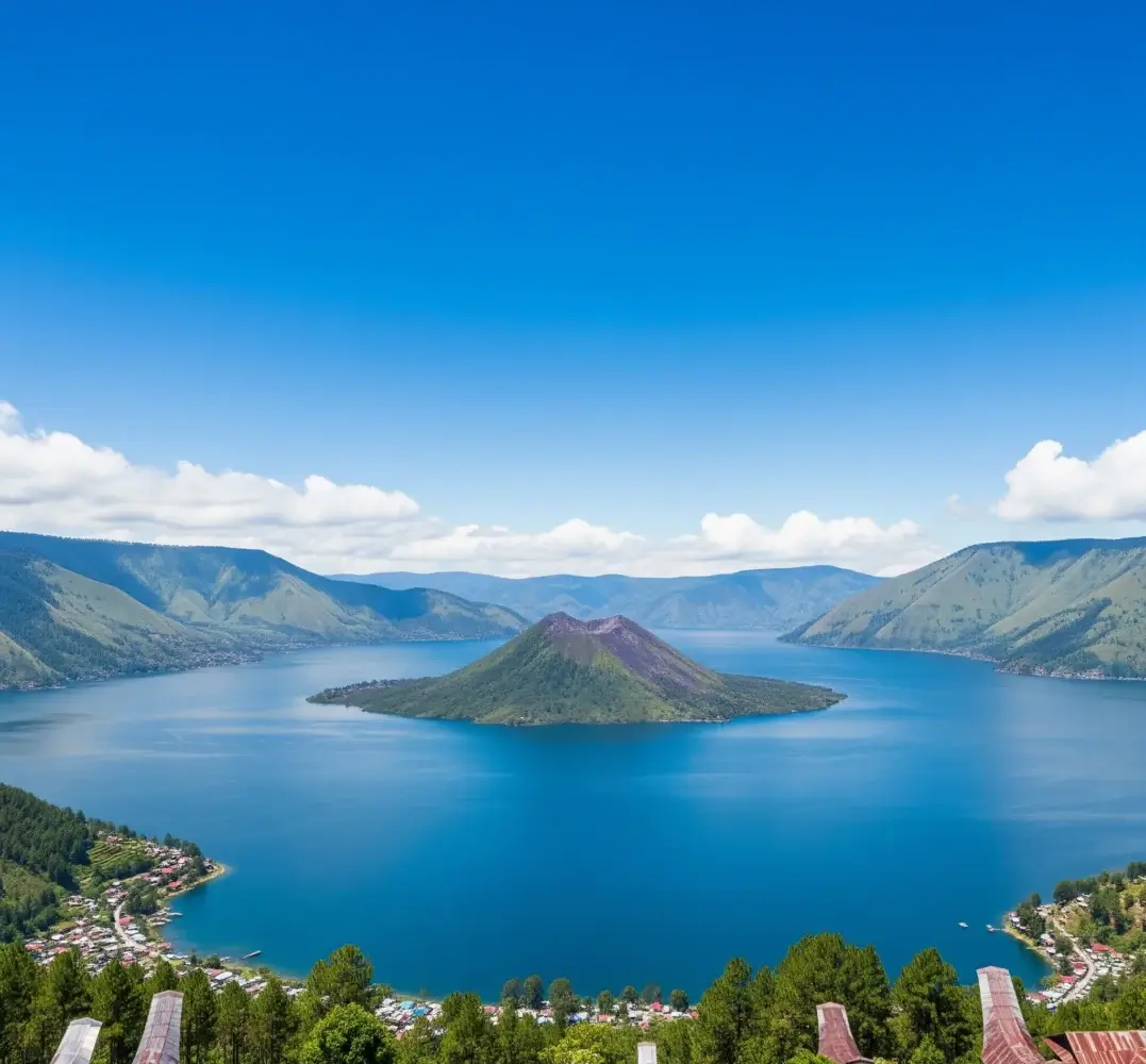 Pemandangan panorama Danau Toba yang megah dengan Pulau Samosir di tengahnya, dikelilingi perbukitan hijau dan rumah adat Batak.