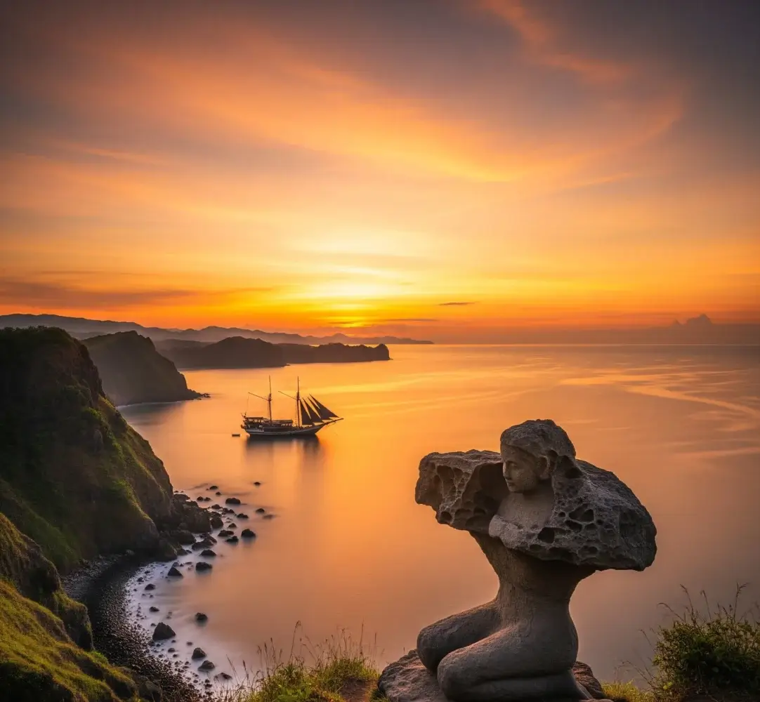 Pemandangan pantai saat senja dengan siluet kapal besar dan formasi batu yang menyerupai manusia, melambangkan kisah Malin Kundang.