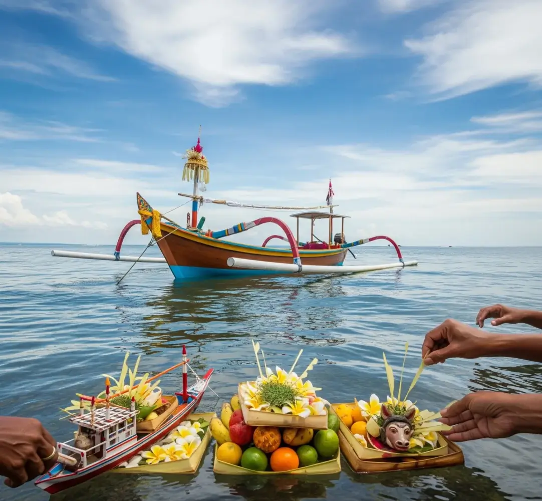 Perahu nelayan tradisional yang dihias dengan sesaji dilarungkan ke laut yang tenang, melambangkan upacara Sedekah Laut sebagai ungkapan syukur.