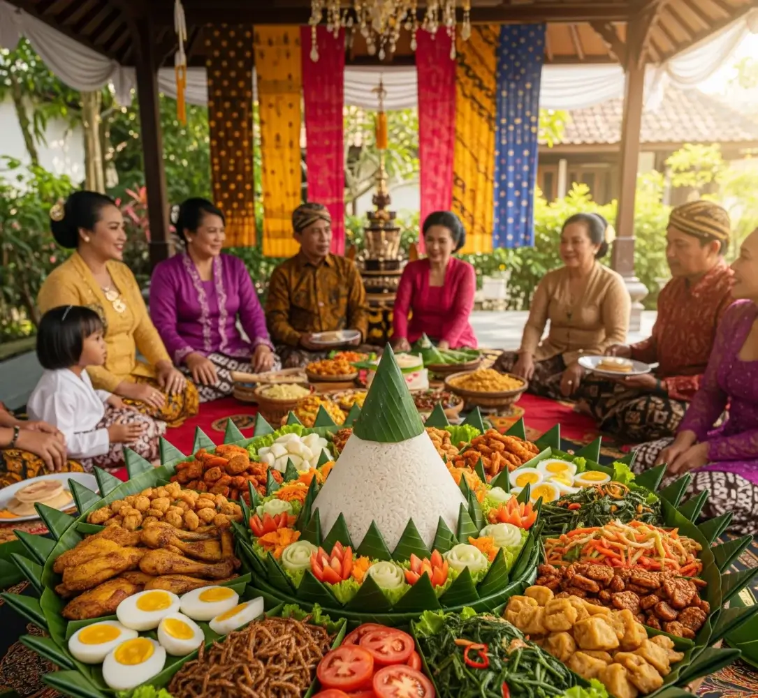 Sebuah Tumpeng yang megah dengan nasi kerucut dan aneka lauk pauk tradisional Jawa, melambangkan kelimpahan dan kebersamaan dalam perayaan.
