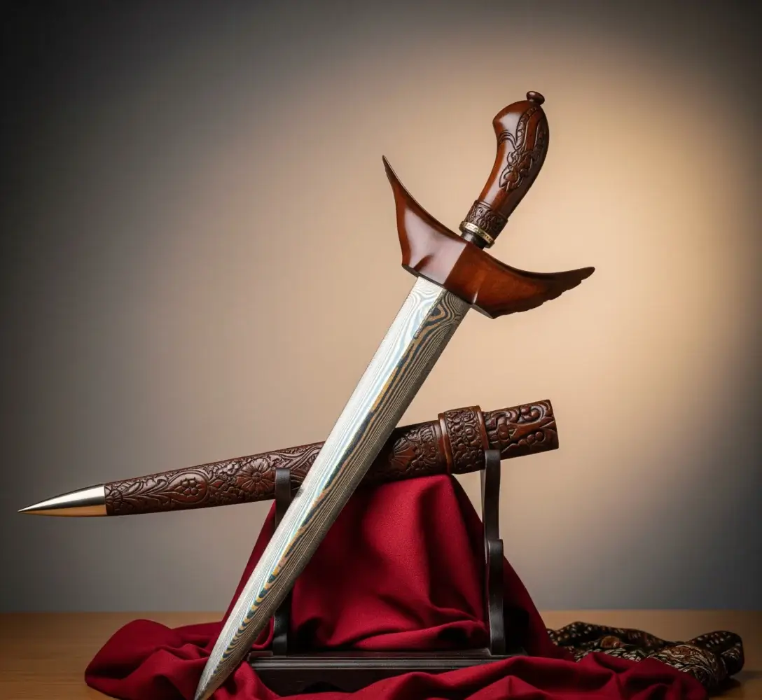 Sebuah keris Jawa yang megah dengan ukiran rumit dan pamor bilah yang indah, memancarkan aura spiritual dan simbolisme.