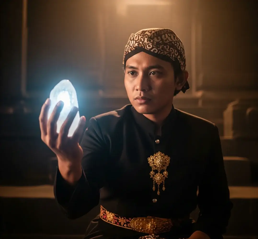 Seorang individu yang memegang batu mustika dengan keyakinan