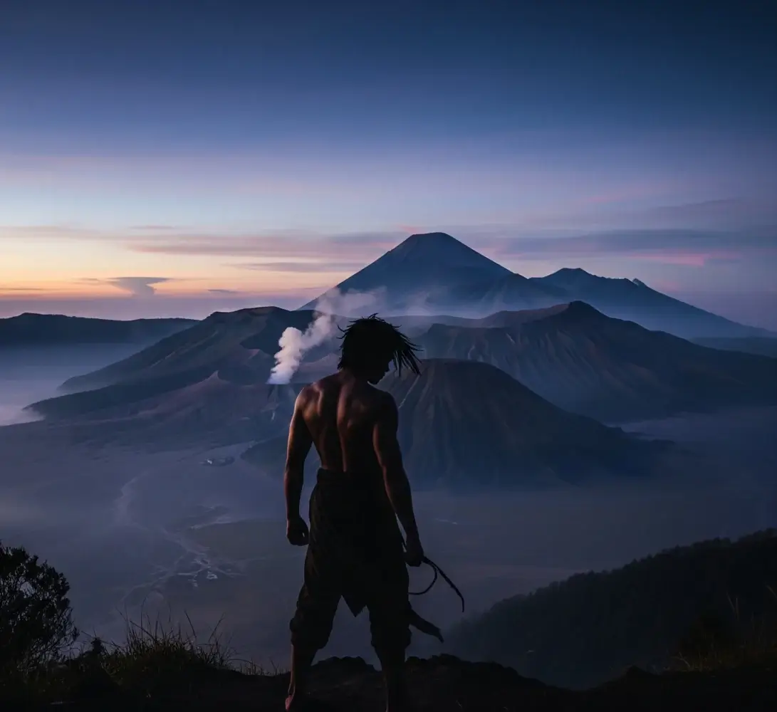 Siluet Sangkuriang berdiri di ketinggian, memandang Gunung Tangkuban Perahu yang megah di bawah langit senja.