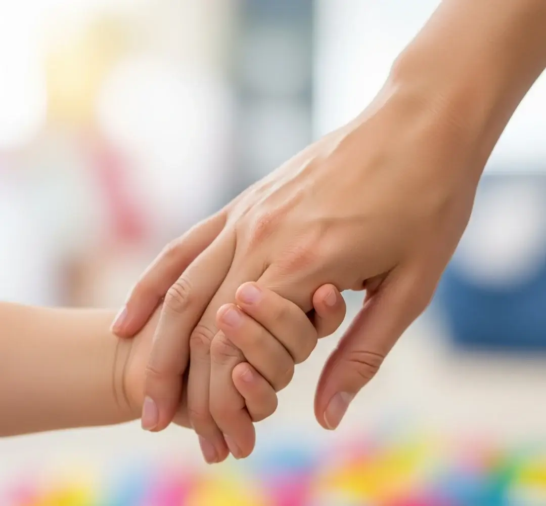 Tangan orang dewasa memegang tangan anak dengan erat, melambangkan ikatan emosional yang kuat dan pengasuhan yang penuh kasih.