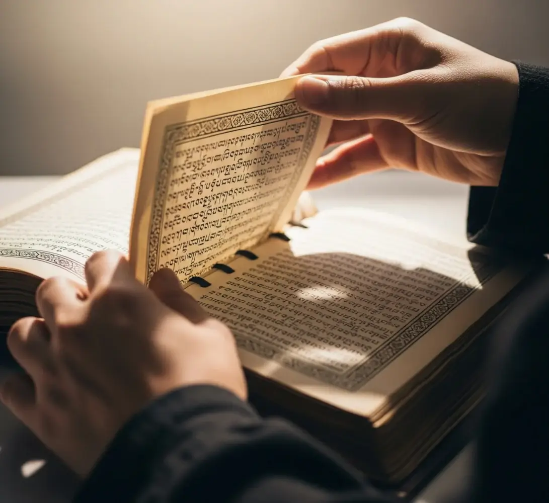 Tangan perlahan membuka buku kuno beraksara Lontara, melambangkan penemuan kebijaksanaan dan warisan budaya.