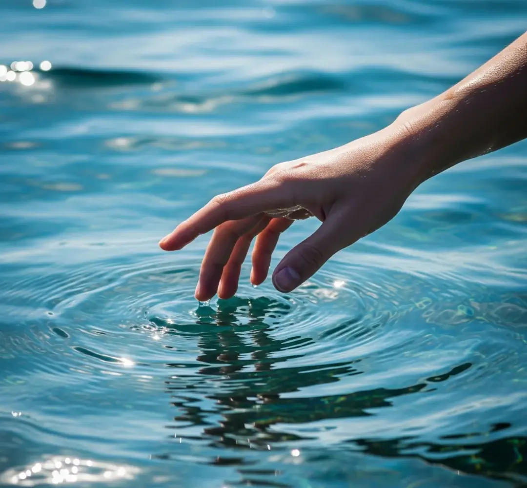 Tangan terulur menyentuh permukaan air laut yang tenang dan berkilauan, melambangkan keinginan untuk terhubung dengan alam dan diri sendiri.